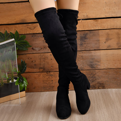 Elegant Over-the-Knee Boots for Women - Solid Color Stretchy Thigh-High Boots with Back Tie, Pointed Toe, Block Heel, Fabric Material & Rubber Sole for Dress Occasions, All-Season Comfort & Style