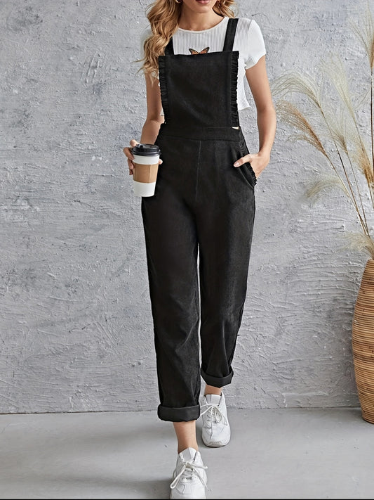 Antmvs Solid Ruffle Trim Overall Jumpsuit, Versatile Slant Pockets Corduroy Jumpsuit For Spring & Fall, Women's Clothing