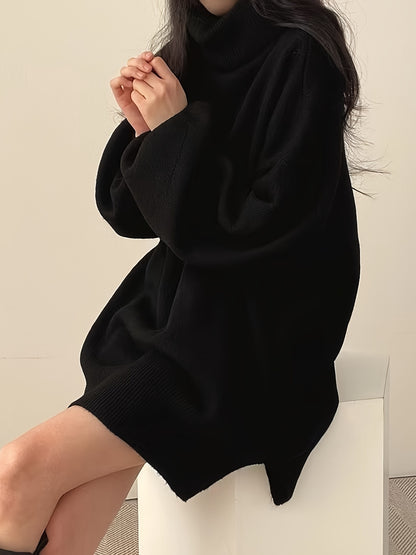 Antmvs Solid Turtle Neck Oversized Sweater, Casual Long Sleeve Split Sweater, Women's Clothing