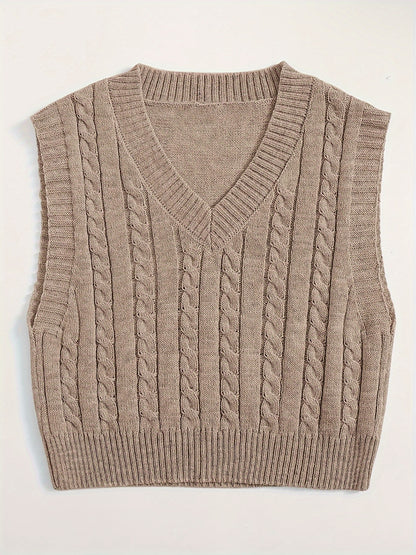 Antmvs Solid V Neck Cable Knit Vest, Elegant Sleeveless Sweater Vest, Women's Clothing