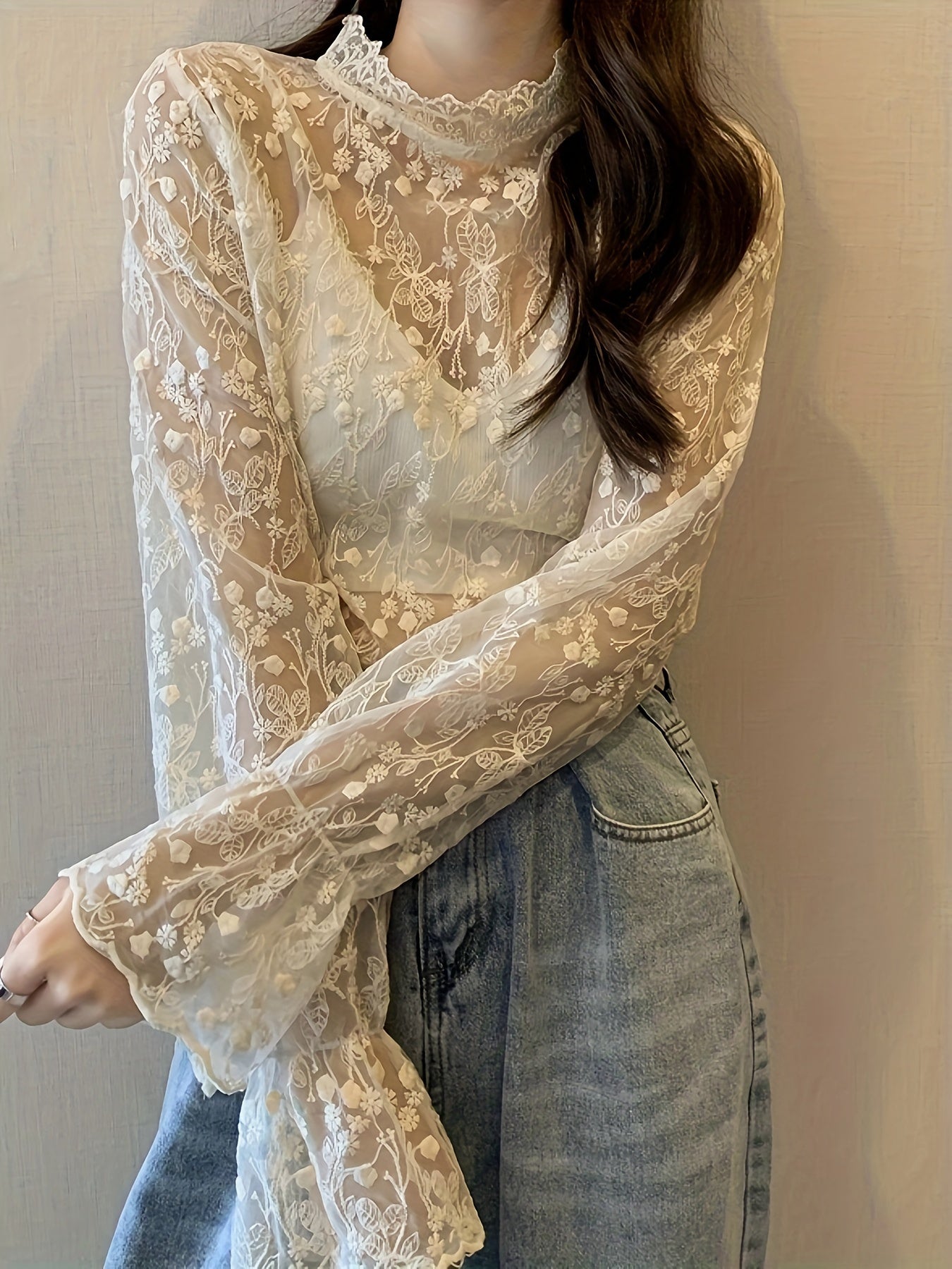 Antmvs Guipure Lace Overlay Flare Sleeve Blouse, Casual Mock Neck Long Sleeve Blouse, Women's Clothing