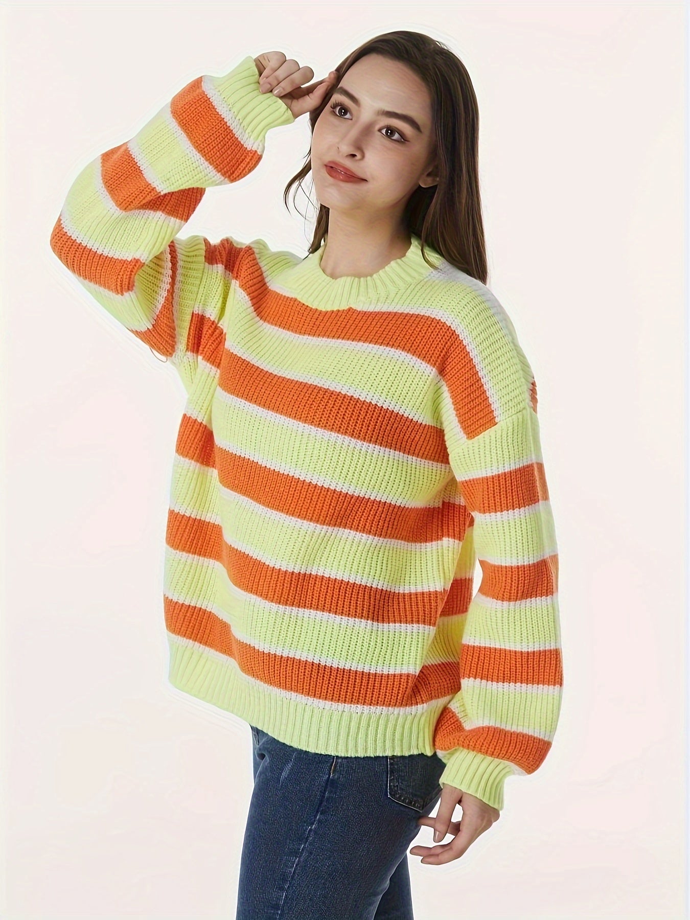 Antmvs Striped Crew Neck Pullover Sweater, Casual Long Sleeve Loose Sweater, Women's Clothing