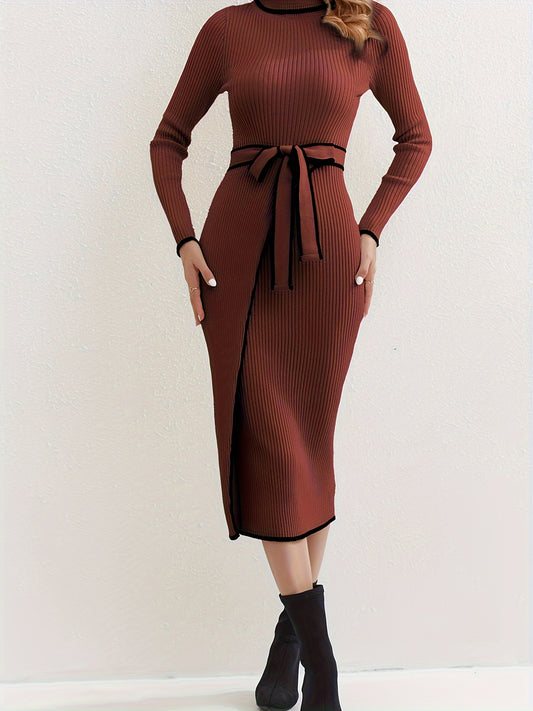 Antmvs Contrast Trim High Neck Dress, Elegant Long Sleeve Bodycon Midi Dress, Women's Clothing