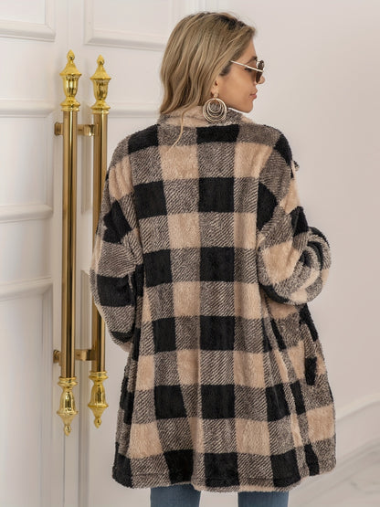 Antmvs Plaid Print Teddy Coat, Casual Button Front Long Sleeve Warm Outerwear, Women's Clothing