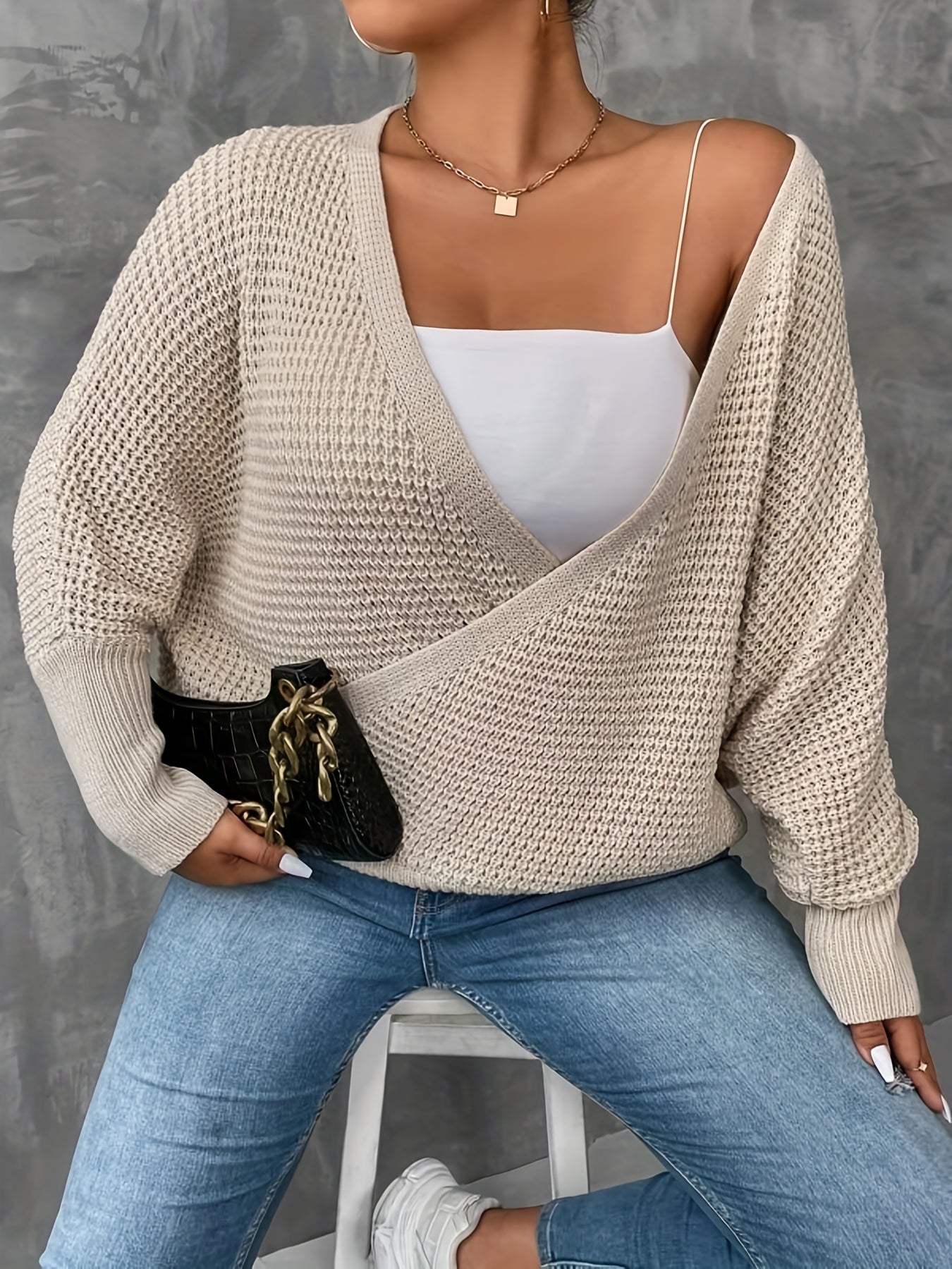 Antmvs Plus Size Casual Sweater, Women's Plus Solid Surplice Neck Bat Sleeve Slight Stretch Sweater