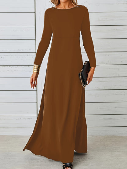 Antmvs Simple Maxi Dress, Casual Crew Neck Long Sleeve Solid Dress, Women's Clothing