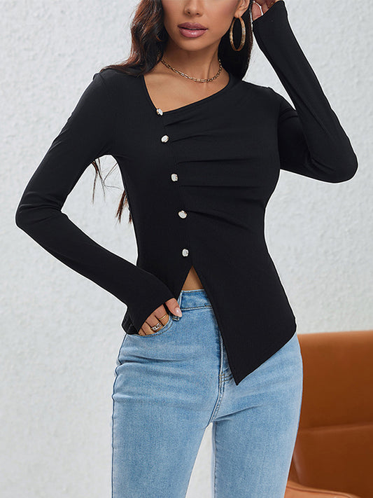 Antmvs Pleated Buttoned Asymmetric Skinny Long Sleeves Asymmetric Collar T-Shirts Tops