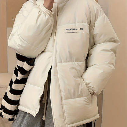 Antmvs Zip Up Letter Print Puffy Coat, Long Sleeve Slant Pockets Outwear For Winter, Women's Clothing