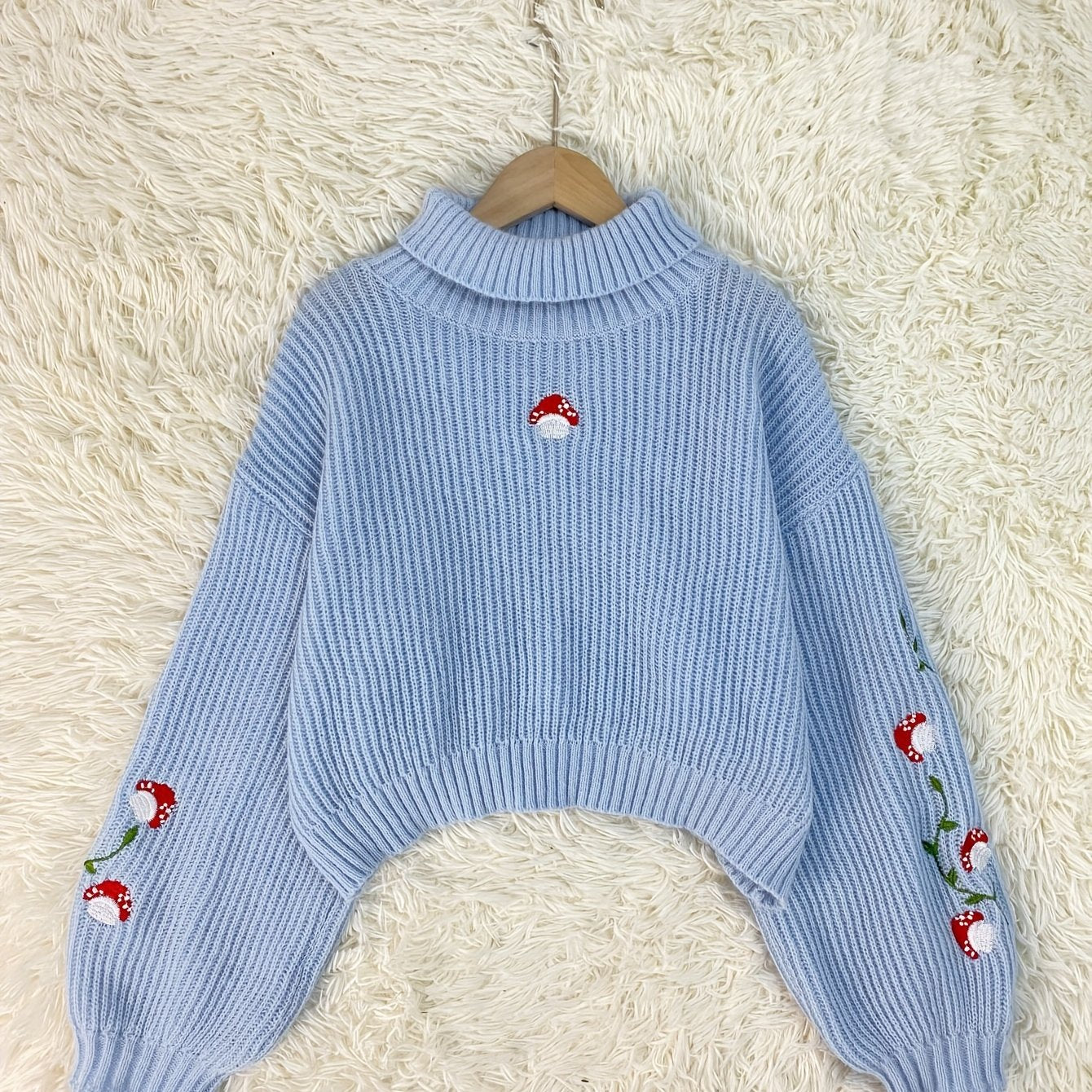 Antmvs Mushroom Print Turtleneck Knit Sweater, Casual Solid Long Sleeve Sweater, Women's Clothing