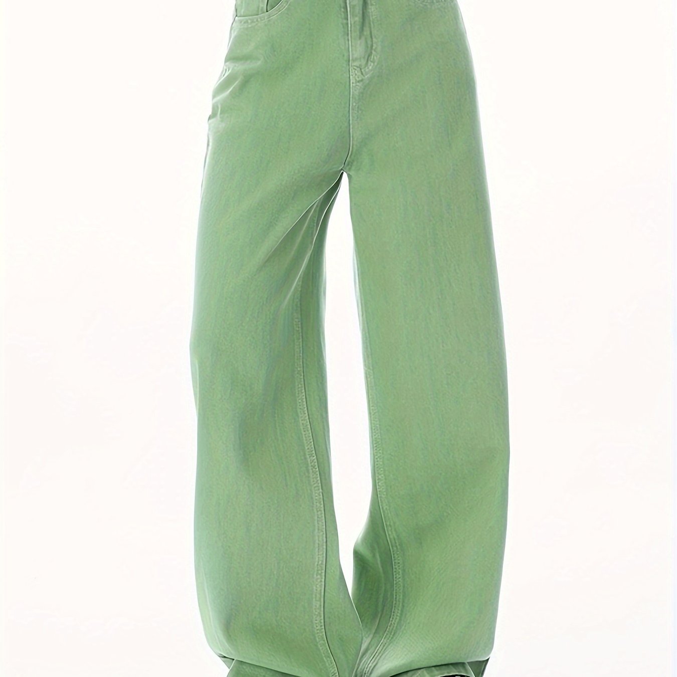 Antmvs Green Loose Fit Straight Jeans, Non-Stretch Slant Pockets Casual Wide Legs Jeans, Women's Denim Jeans & Clothing