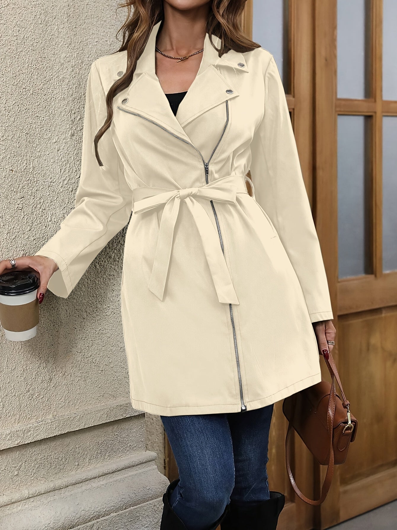 Antmvs Solid Color Open Front Trench Jacket, Elegant Lapel Neck Zipper Long Sleeve Button Jacket, Women's Clothing