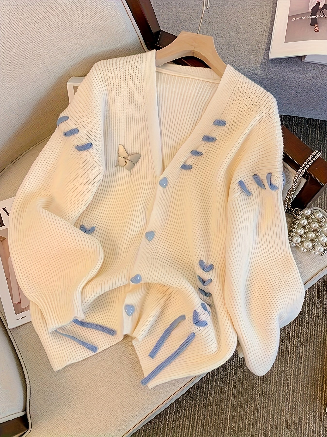 Antmvs Lace Up Button Down Knit Cardigan, Casual Long Sleeve Loose Sweater, Women's Clothing