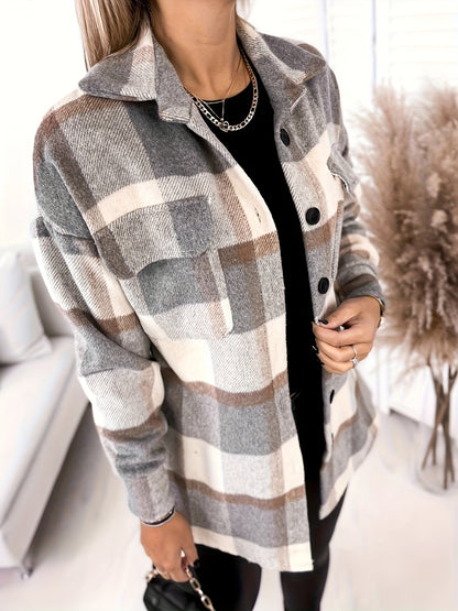 Antmvs Plaid Print Shacket Jacket, Casual Button Front Long Sleeve Outerwear, Women's Clothing