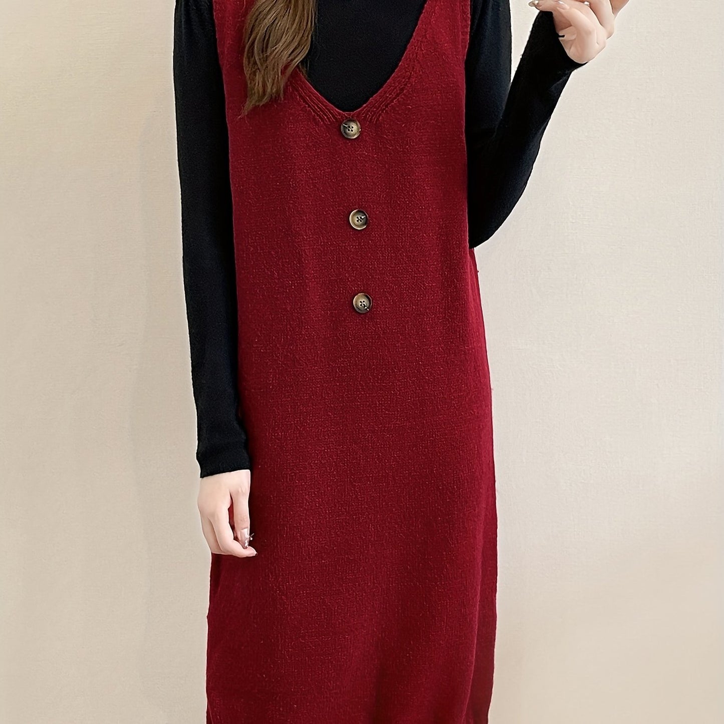 Antmvs Plunging Solid Midi Dress, Elegant Sleeveless Knitted Dress With Buttons, Women's Clothing