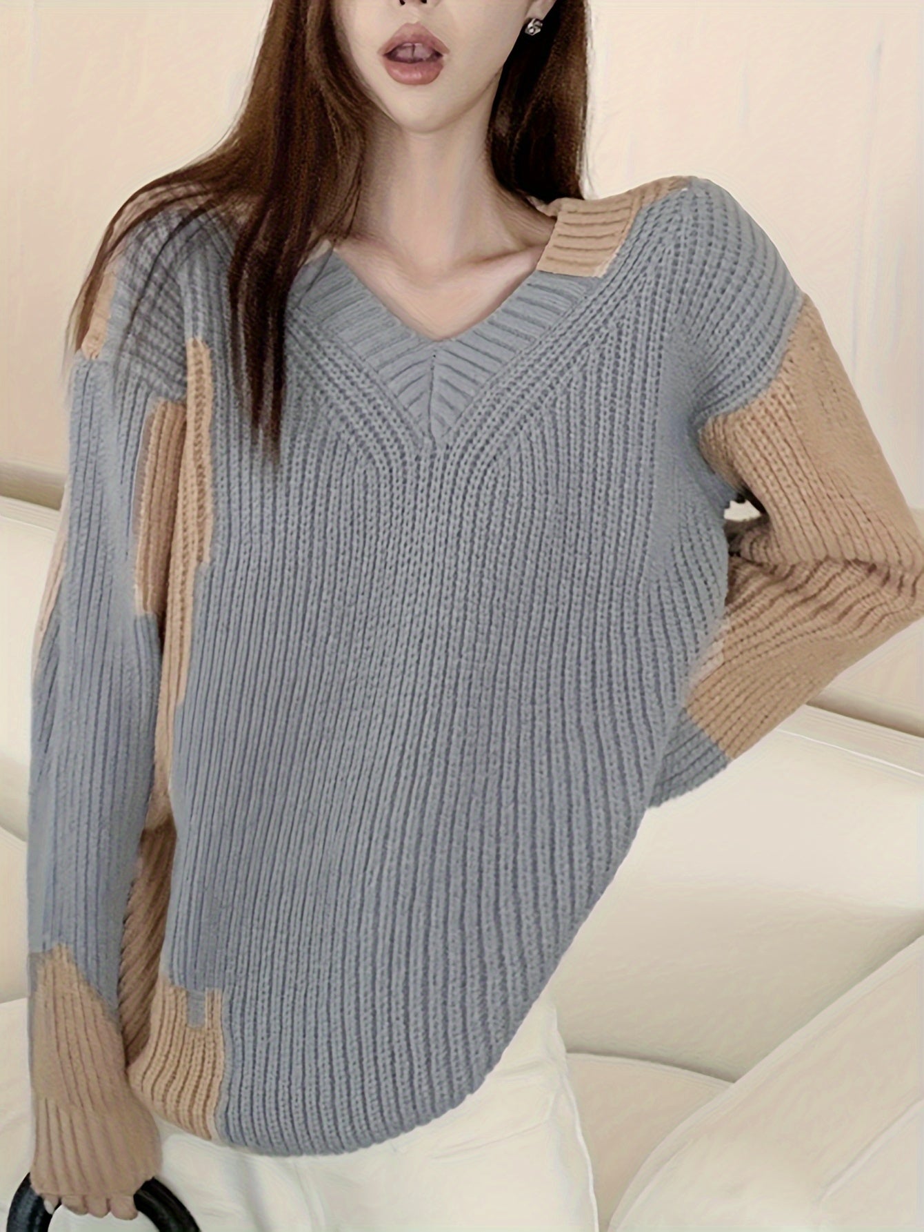 Antmvs Color Block Knitted Pullover Sweater, Casual Long Sleeve Sweater For Fall & Winter, Women's Clothing