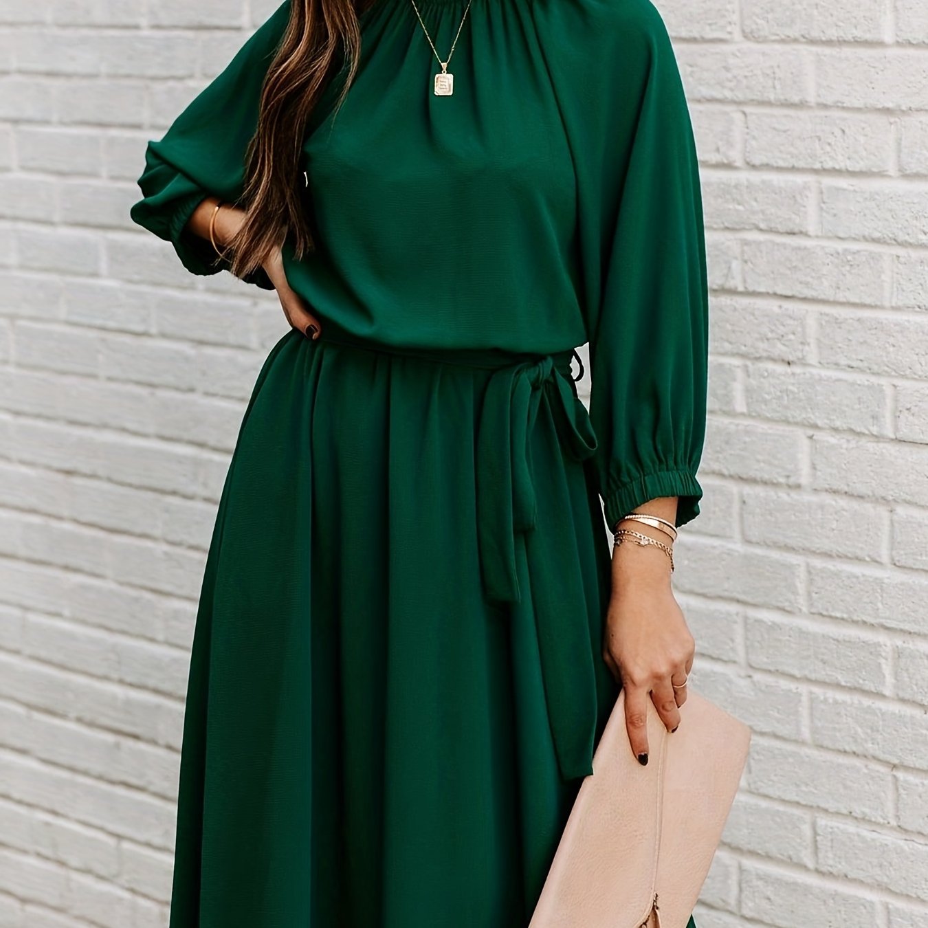 Antmvs Long Sleeve Tie Waist Midi Dress, Solid Casual Dress For Spring & Fall, Women's Clothing