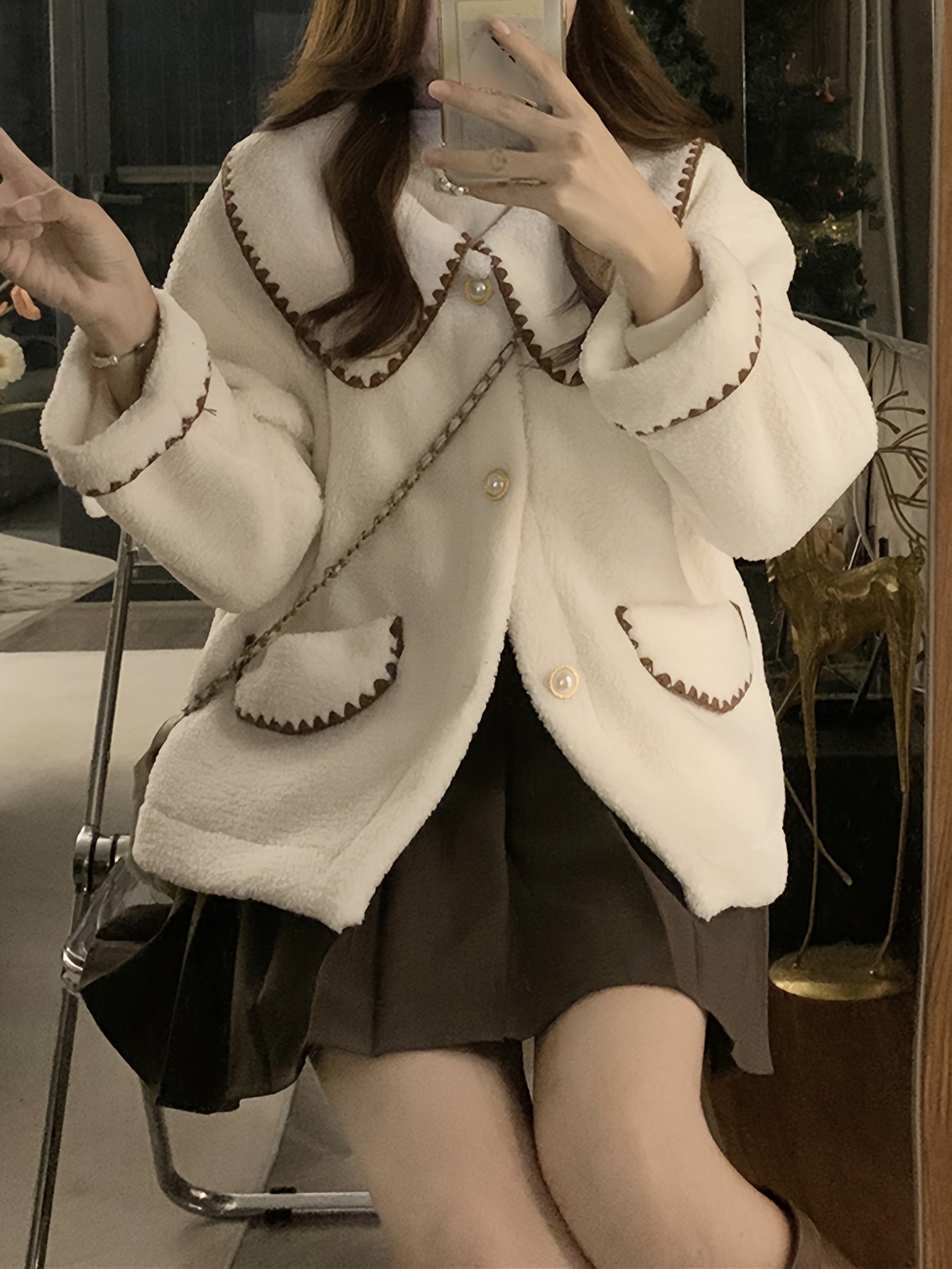 Antmvs Contrast Trim Button Front Plush Coat, Casual Long Sleeve Dual Pockets Lapel Coat For Fall & Winter, Women's Clothing