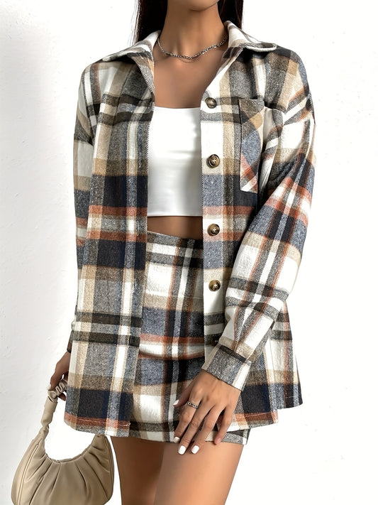 Antmvs Plaid Print Casual Two-piece Set, Button Front Long Sleeve Shirt & Bag Hip Skirts Outfits, Women's Clothing