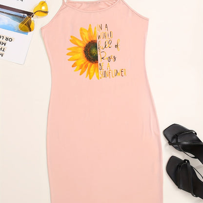 Antmvs Plus Size Casual Summer Dress, Women's Plus Sunflower & Slogan Print Round Neck Slight Stretch Cami Dress