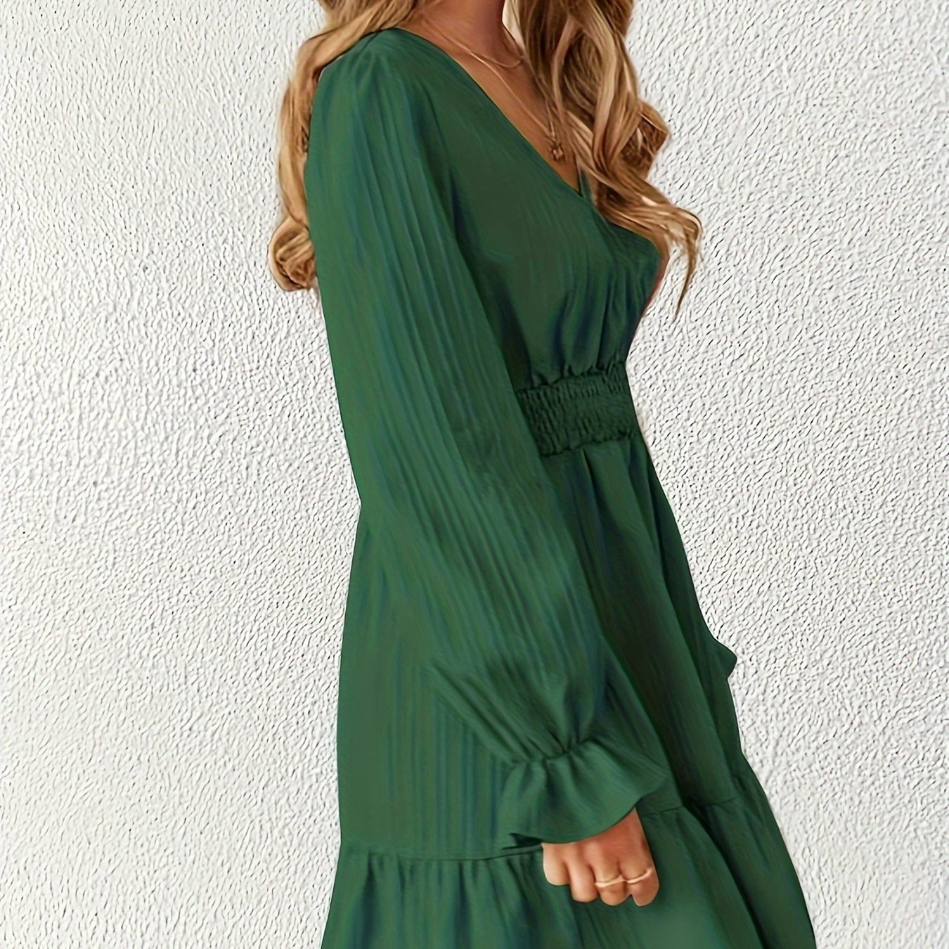 Antmvs Shirred Waist Ruffle Trim Dress, Casual V Neck Long Sleeve Dress, Women's Clothing