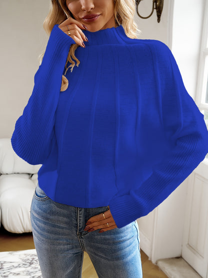 Antmvs Mock Neck Batwing Sleeve Sweater, Elegant Solid Loose Sweater For Fall & Winter, Women's Clothing