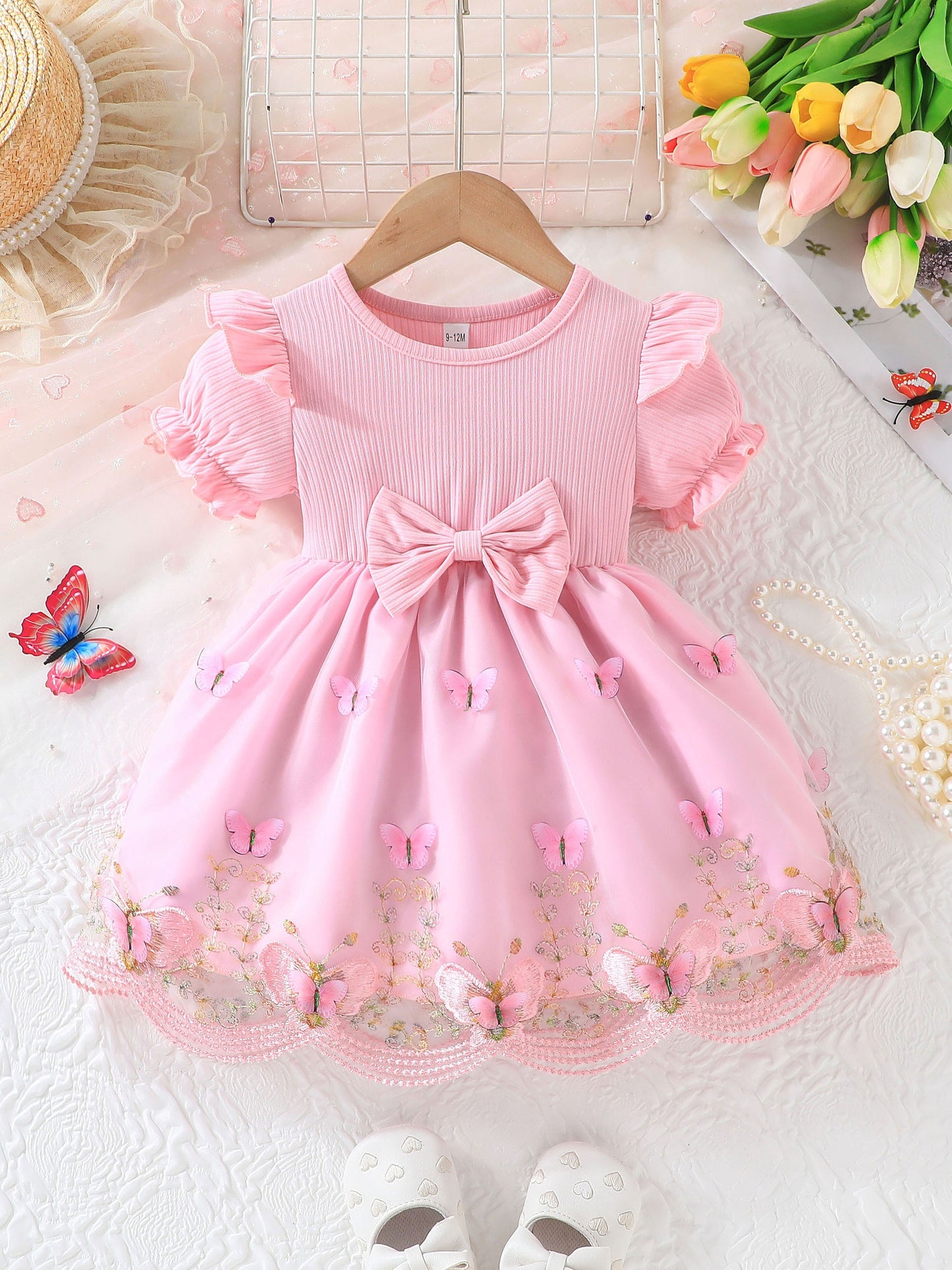 Baby Girls Exquisite Butterfly Embroidered Puff Sleeve Dress - Soft Slight Stretch Polyester Fabric, Regular Fit, Casual Style for Summer/Spring, Ideal Gift for Infant & Toddler - Butterfly Pattern, Woven, No Sheer, Elegant Ruffles and Mesh Splicing Detai