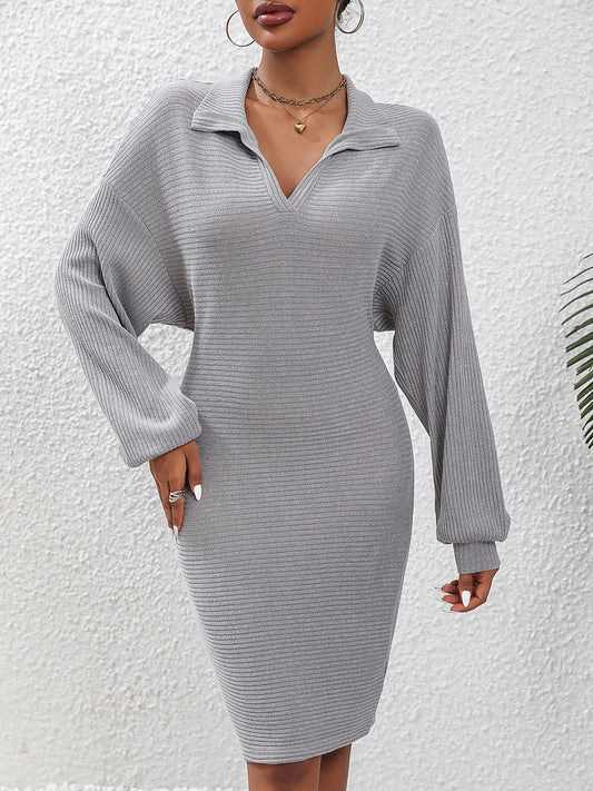 Antmvs Drop Shoulder Bodycon Dress, Casual V Neck Long Sleeve Dress, Women's Clothing