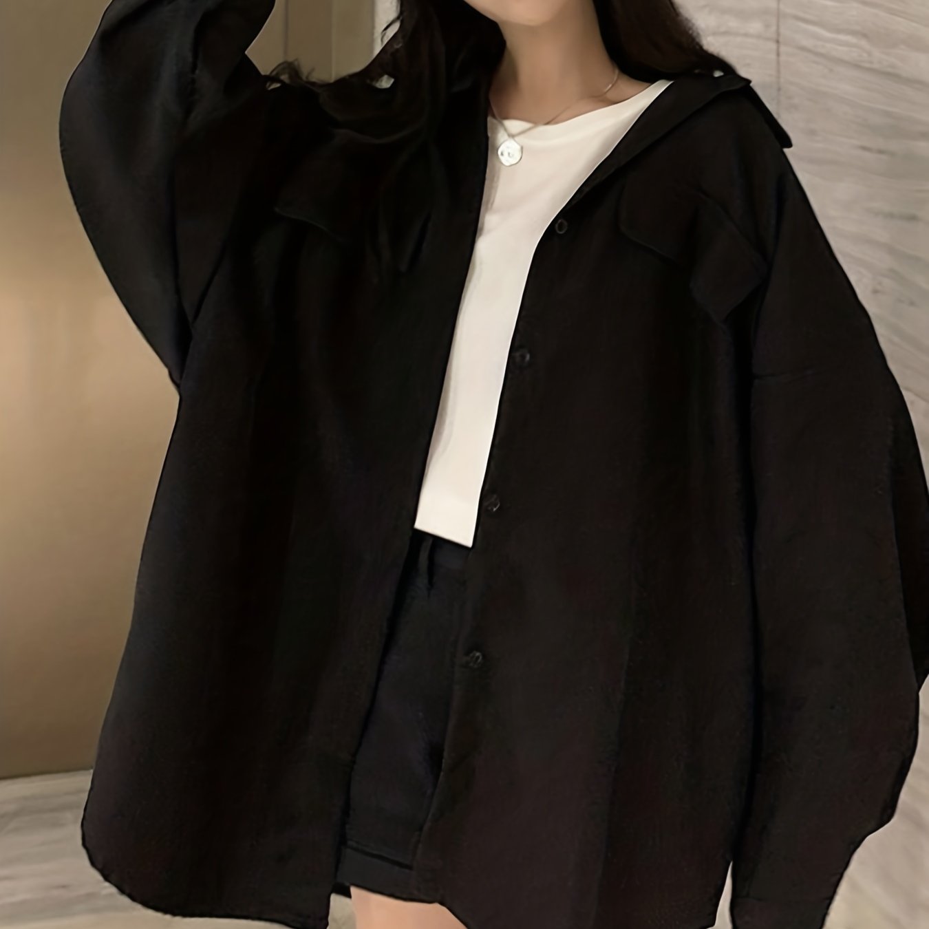 Antmvs Solid Oversized Shirt, Casual Button Front Long Sleeve Collared Shirt, Women's Clothing
