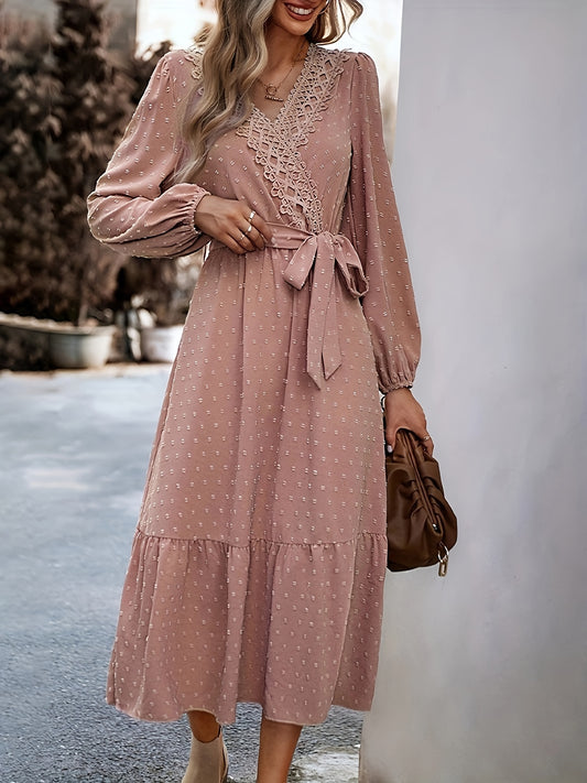 Antmvs Contrast Lace Surplice Neck Dress, Elegant Long Sleeve Midi Dress, Women's Clothing