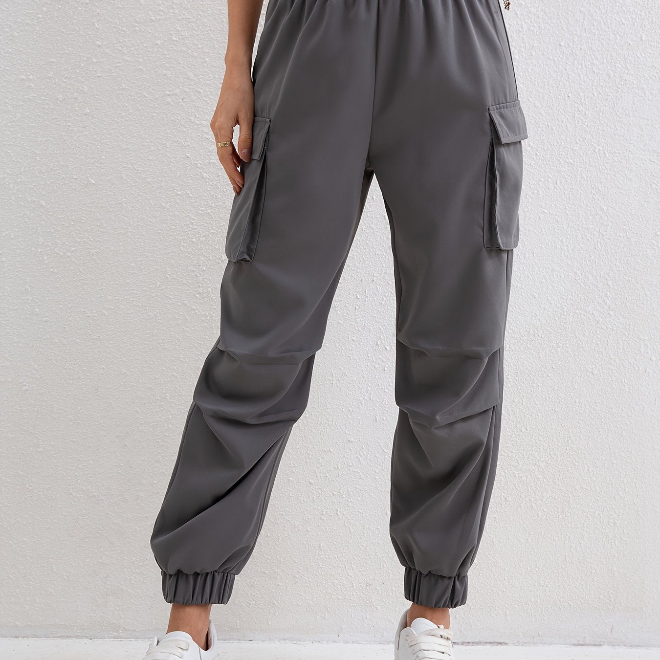 Antmvs Women's Elastic Waist Casual Cargo Joggers Pants With Pockets, Solid Color Pocket Running Overalls, Women's Athleisure
