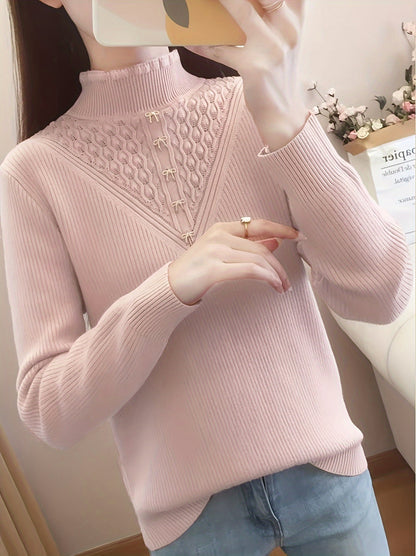 Antmvs Solid Mock Neck Fleece Sweater, Elegant Button Long Sleeve Thermal Inner Wear Sweater, Women's Clothing