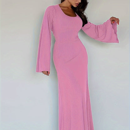 Antmvs Solid Flared Long Sleeve Dress, Casual Squared Neck Maxi Dress, Women's Clothing