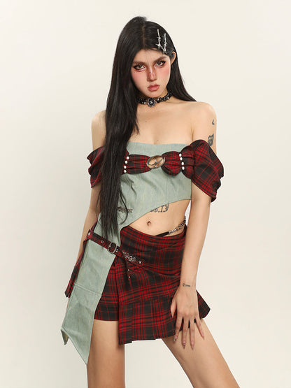 Antmvs Dauna Red Check Paneled Denim College Off-the-Shoulder Top + Belt Strap Mini Skirt Matching Set