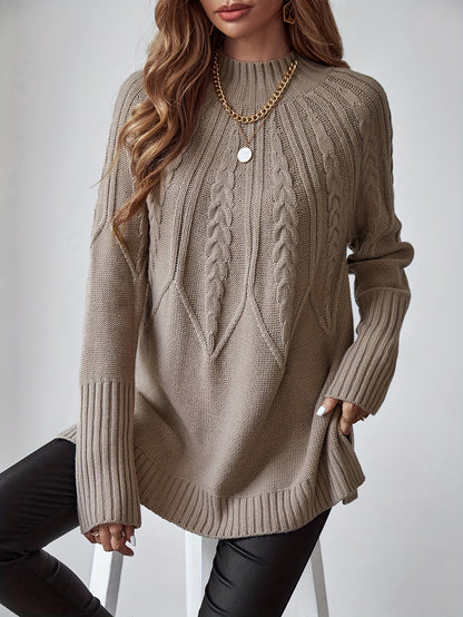 Antmvs Solid Mock Neck Cable Knit Sweater, Casual Long Sleeve Split Pullover Sweater, Women's Clothing
