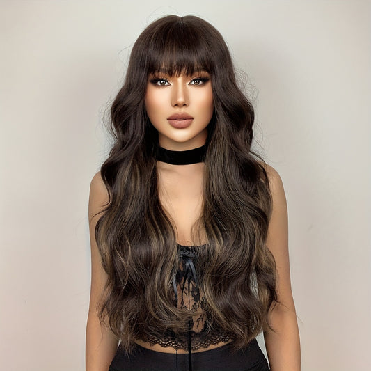 26 Inch Long, Curly Body Wave Brown Black and Light Brown Highlight Wig with Bangs for Women - Elegant, 150% Density, Rose Net Cap, Daily Wear - HAIRCUBE Brand