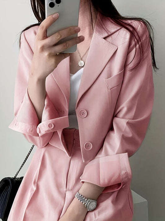 Antmvs Solid Button Front Crop Blazer, Elegant Lapel Long Sleeve Blazer For Office & Work, Women's Clothing