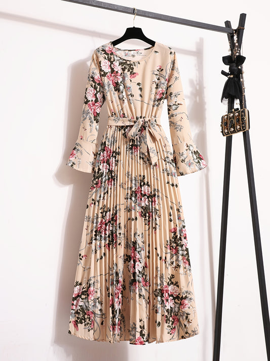 Antmvs Floral Print Pleated Dress, Crew Neck Elegant  Long Sleeve Maxi Dress, Women's Clothing