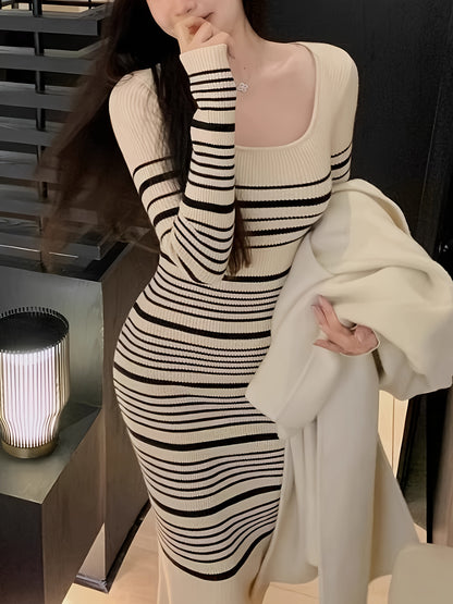 Antmvs Striped Print Knitted Slim Dress, Elegant Long Sleeve Dress, Women's Clothing