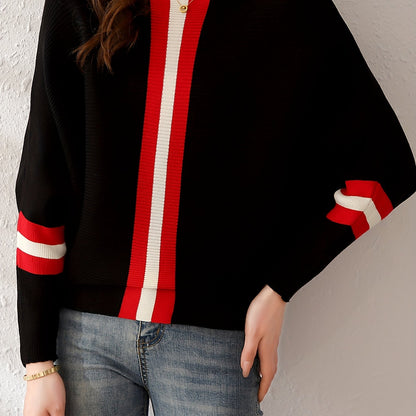 Antmvs Color Block Boat Neck Knit Sweater, Elegant Long Sleeve Sweater, Women's Clothing