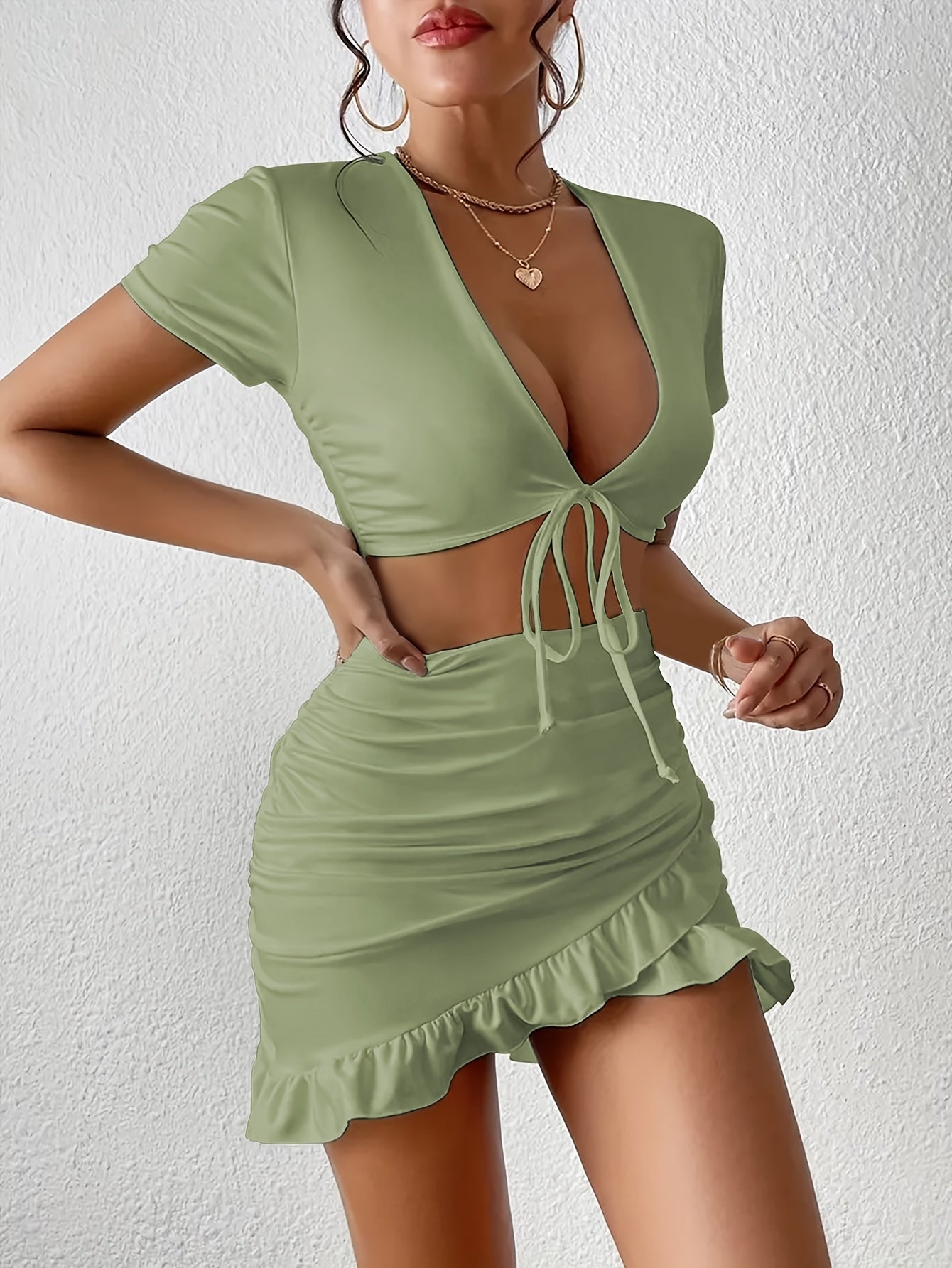Antmvs Casual Matching Two-piece Skirt Set, Tie Front Crop Top & Ruffle Hem Ruched Skirt Outfits, Women's Clothing