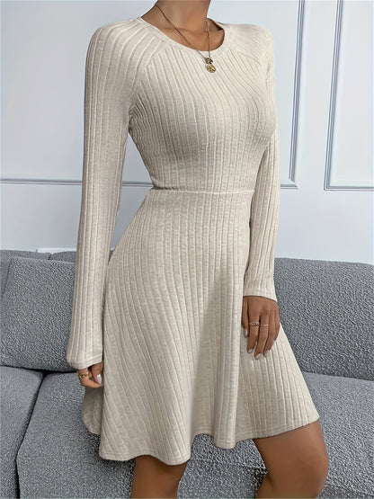 Antmvs Solid Ribbed Knit A-line Dress, Elegant Crew Neck Long Sleeve Dress, Women's Clothing