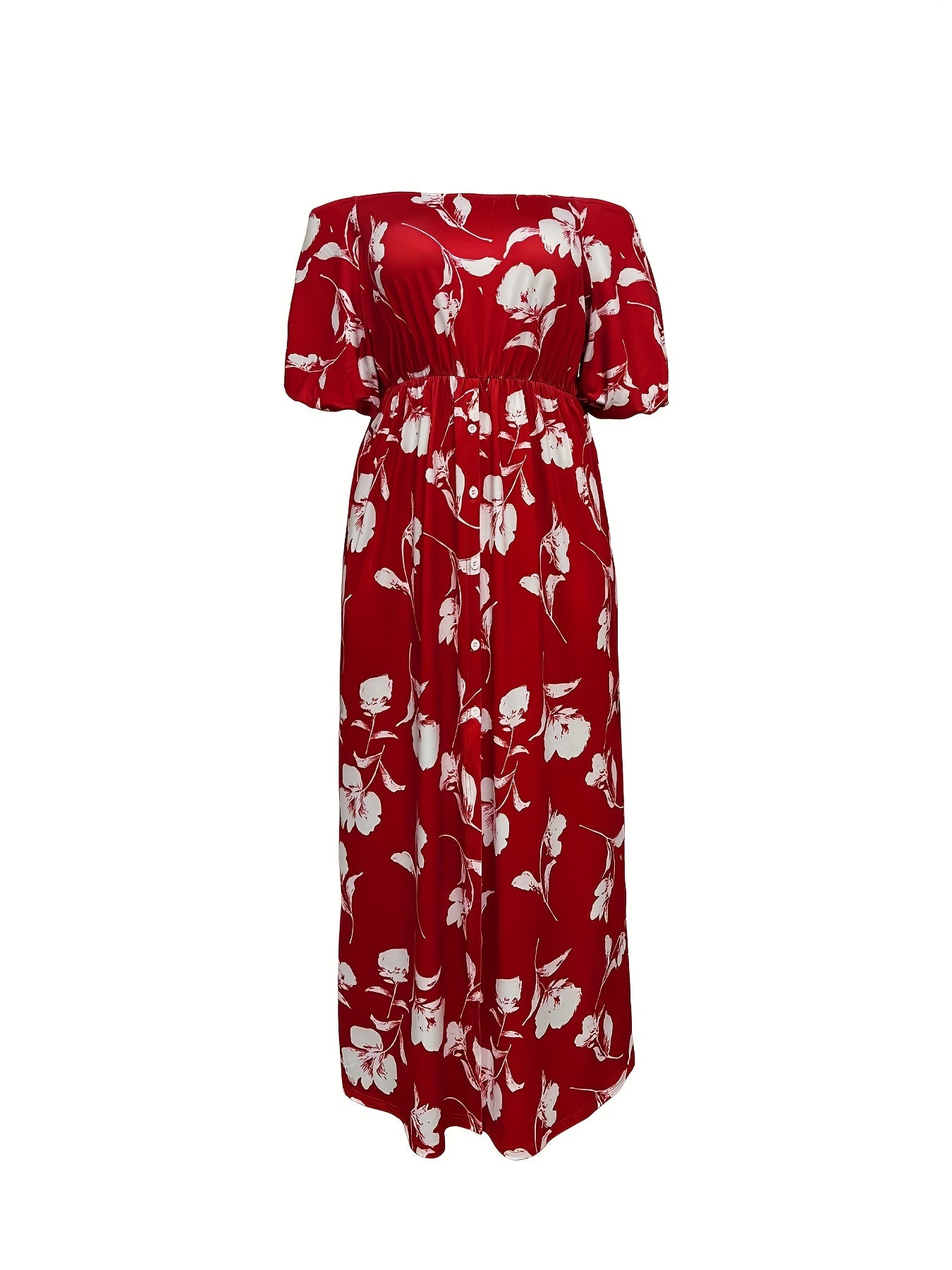 Antmvs Plus Size Casual Dress, Women's Plus Floral Print Off Shoulder Bubble Sleeve Split Hem Slight Stretch Maxi Dress