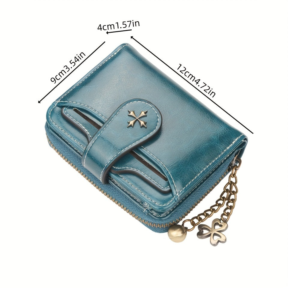 Women's Fashion Wallet With Snap Button Closure, Vintage Style, PU Leather, Zipper Coin Purse With Chain Keyring