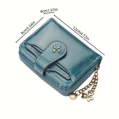 Women's Fashion Wallet With Snap Button Closure, Vintage Style, PU Leather, Zipper Coin Purse With Chain Keyring