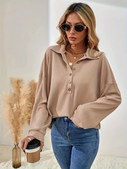 Antmvs Solid Button Front Collared T-Shirt, Casual Long Sleeve Top For Spring & Fall, Women's Clothing