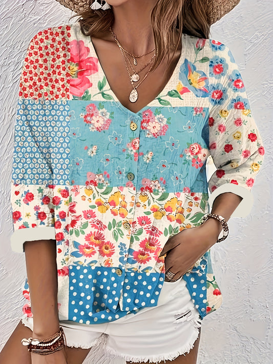 Plus Size Floral Print V Neck Blouse - Elegant Vacation Shirt with Button Front, Slight Stretch Polyester Fabric, and Random Printing - Perfect for Spring, Summer, and Fall Seasons