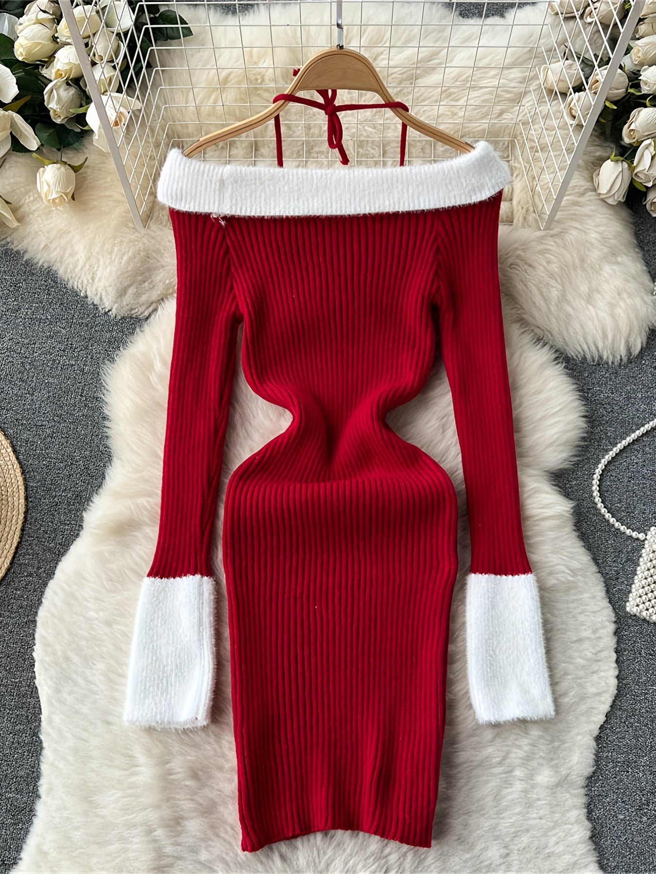 Antmvs Contrast Trim Halter Neck Dress, Elegant Sweater Bodycon Dress For Spring & Fall, Women's Clothing