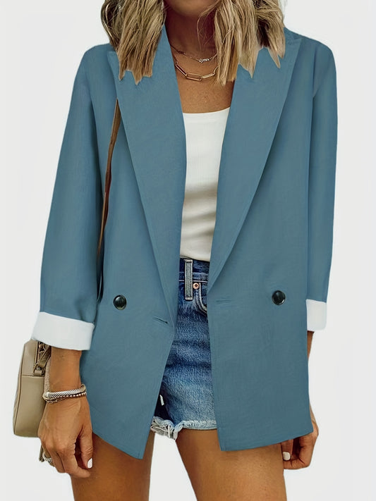 Antmvs Plus Size Casual Blazer, Women's Plus Solid Lapel Collar Double-Breasted Button Long Sleeve Slim Fit Blazer