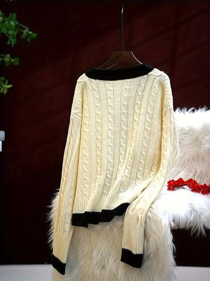 Antmvs Elegant Contrast Trim Button Cardigan, Long Sleeve Cardigan For Spring & Fall, Women's Clothing