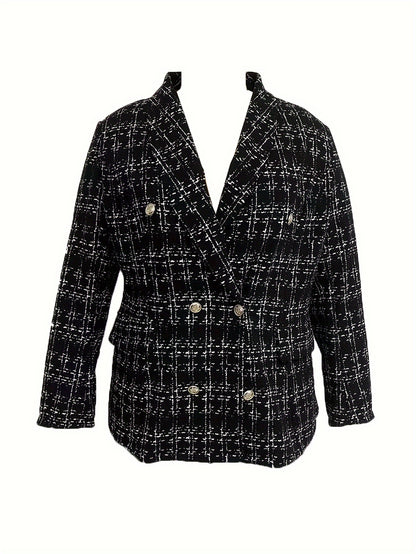 Antmvs Plus Size Elegant Coat, Women's Plus Tweed Long Sleeve Double Breast Button Lapel Collar Slim Fit Coat